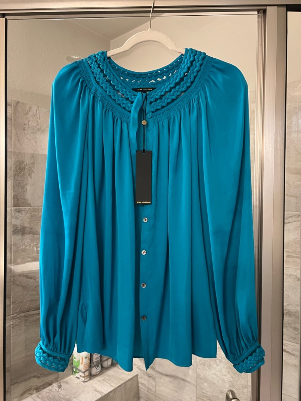 Kobi Halperin Teal Braided-Yoke Silk-Blend Button Front Blouse